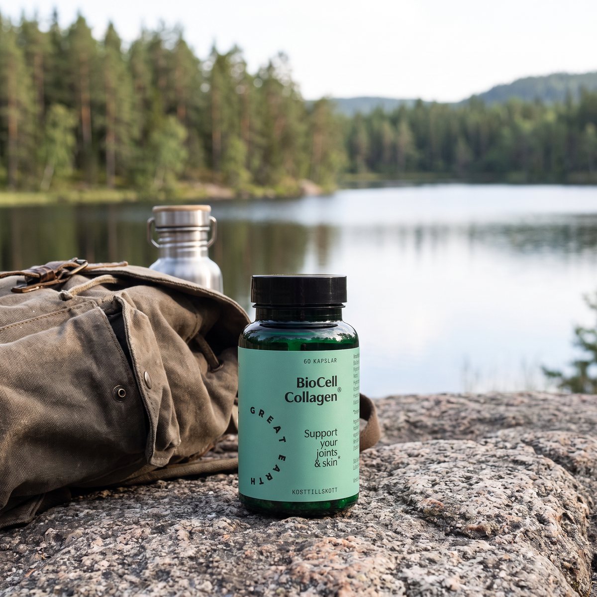 Great Earth BioCell Collagen på en sten vid en svensk sjö
