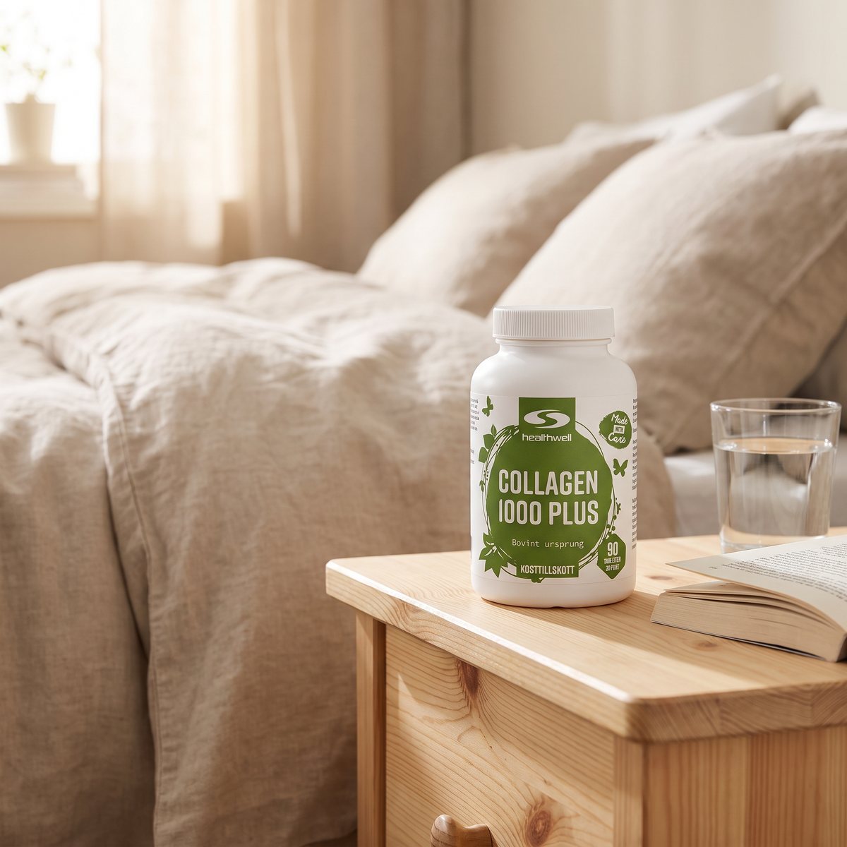 Healthwell Collagen 1000 Plus på ett nattduksbord i ett svenskt sovrum