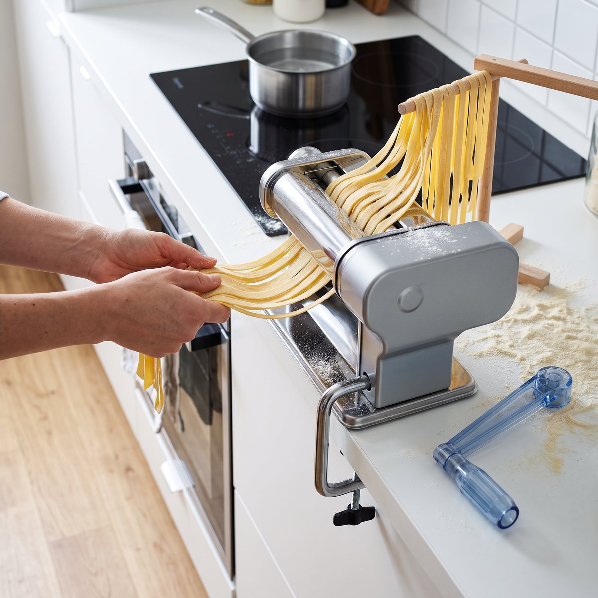 Ariete Pastamatic 1593 fastklämd på en köksbänk i ett svenskt kök med nykokt tagliatelle på ett torkställ bredvid