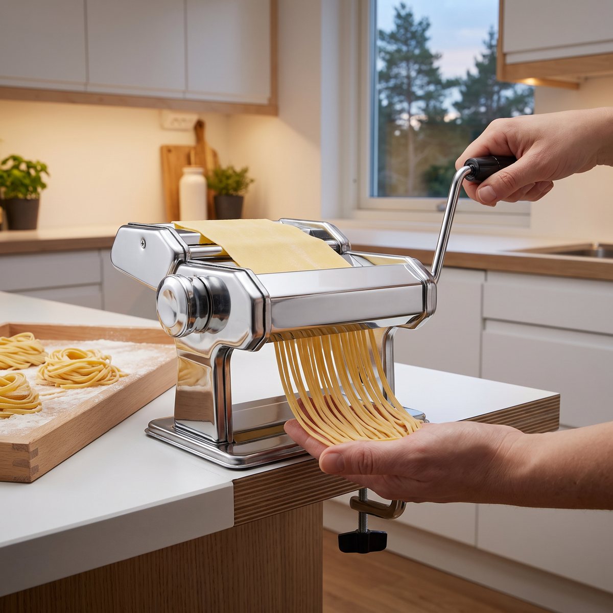 Gefu Perfetta i rostfritt stål fastskruvad på en vit köksbänk, tunn tagliolini vevas ut framför ett fönster mot tallar