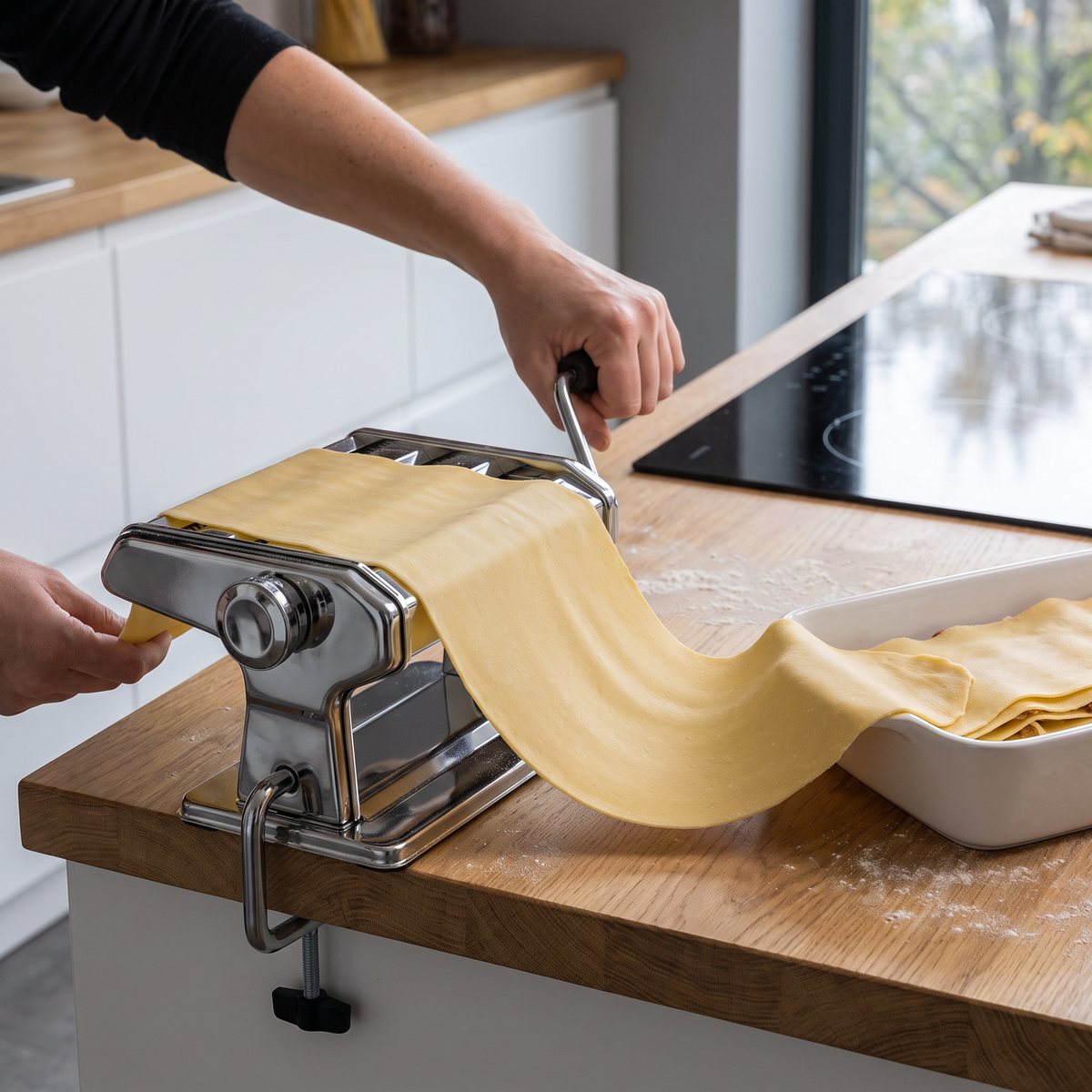 Förkromad Marcato Ampia 180 på en ekbänk bredvid en induktionshäll, en bred lasagneplatta läggs mot en ugnsform