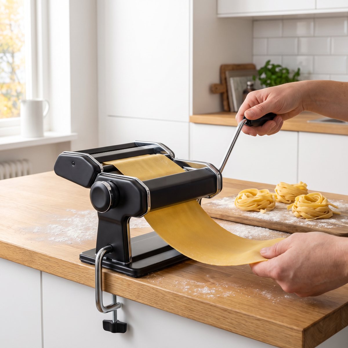 Svart Marcato Atlas 150+ fastskruvad på en ljus träbänk i ett svenskt kök medan en pastaplatta vevas fram
