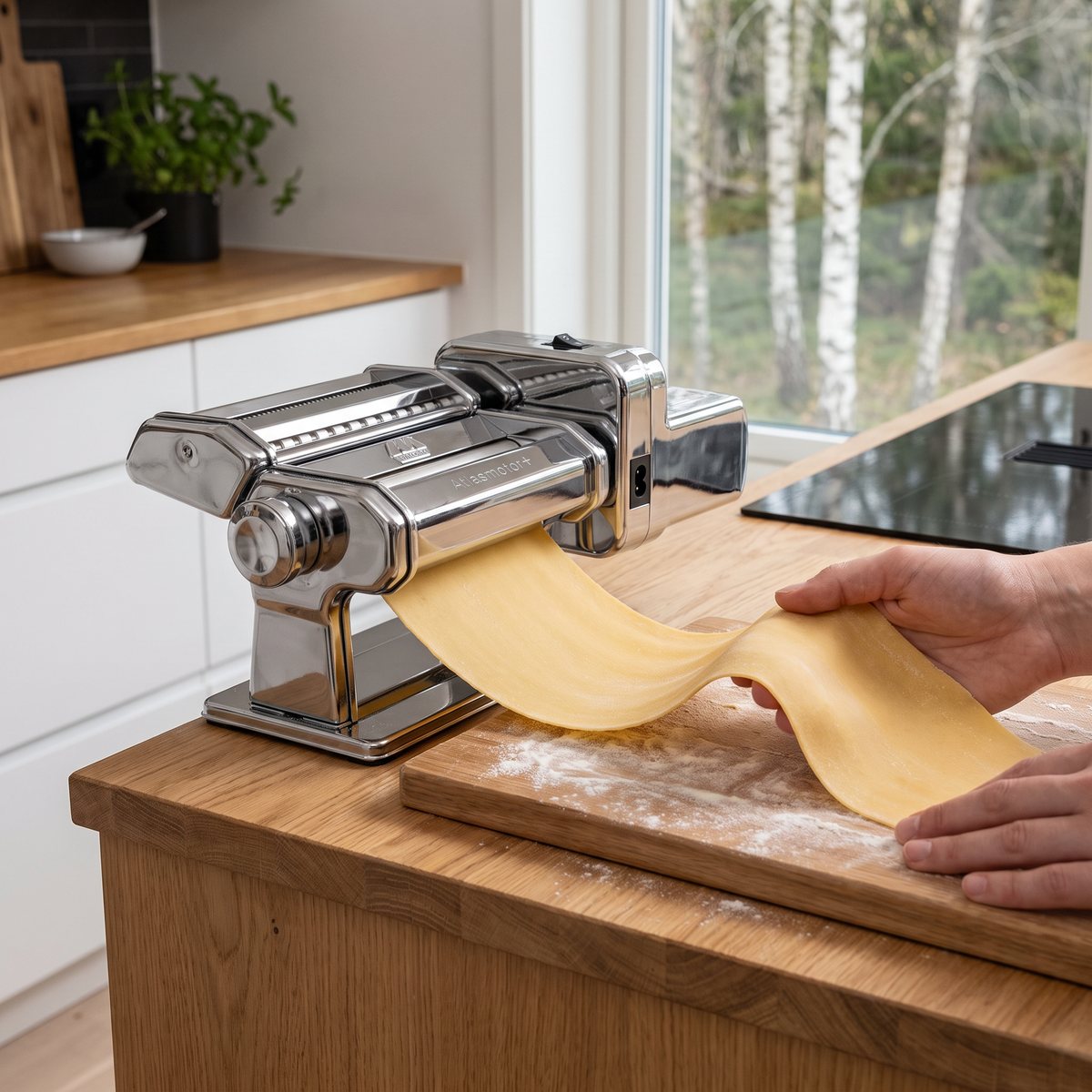 Marcato Atlasmotor+ med motor på en ljus köksö i ett svenskt kök medan en bred pastaplatta matas ut ur valsarna