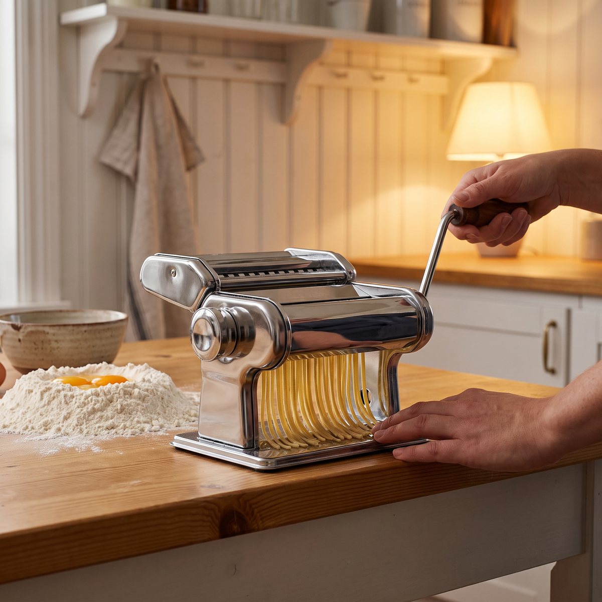 Rostfri Mareld Premium med vevhandtag i trä på ett furubord i ett ljust svenskt lantkök, spaghetti vevas ut