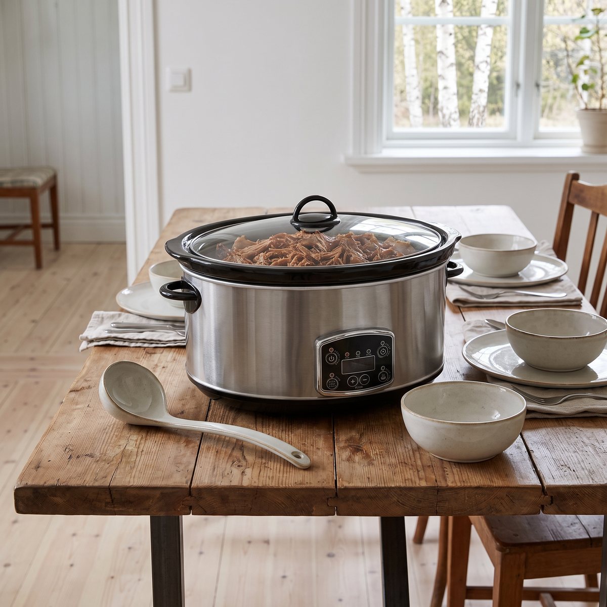 Champion Slowcooker 6,5 L på ett träbord dukat för middag i ett svenskt hem