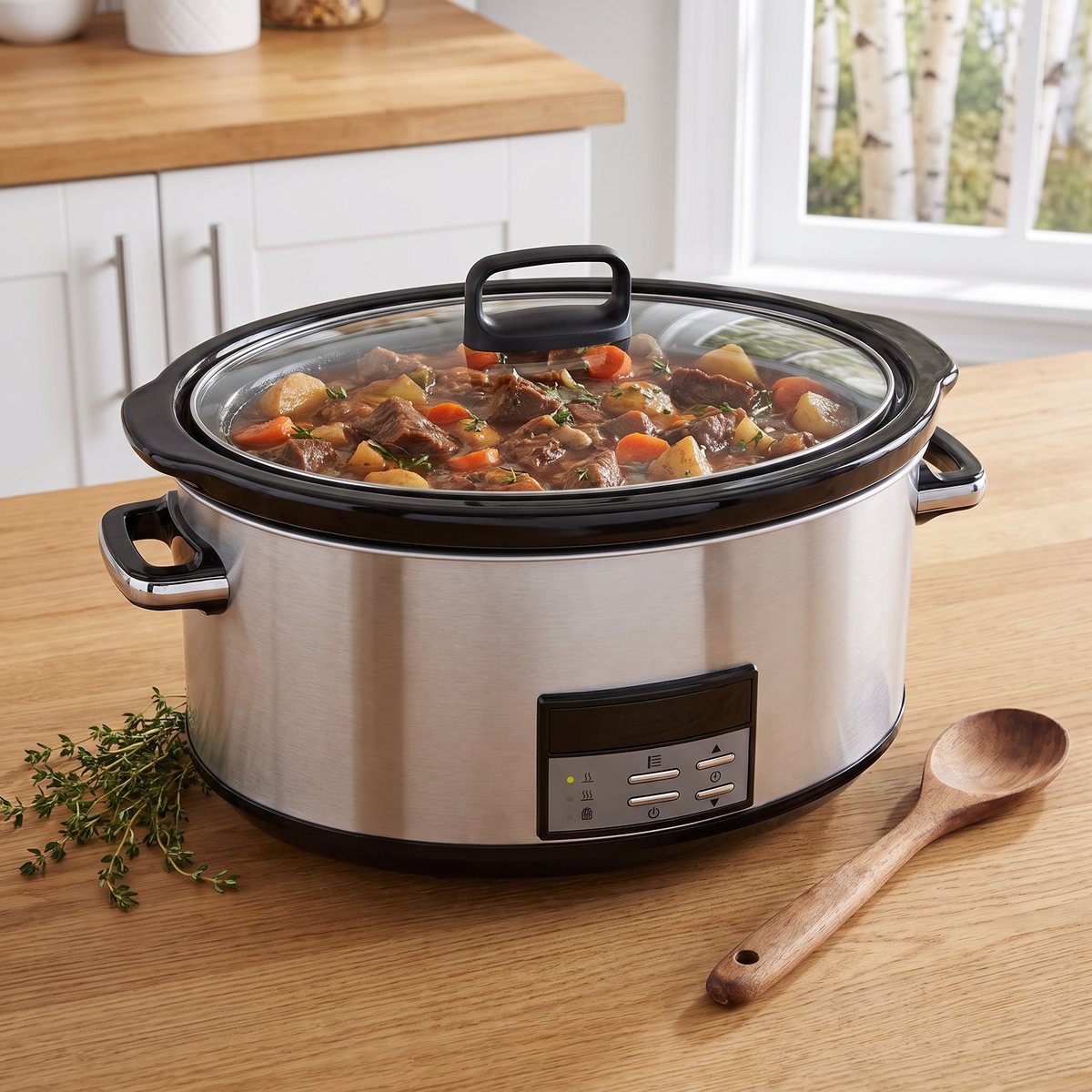 Crock-Pot 7,5 L slow cooker i rostfritt stål med glaslock och nötgryta på en träbänk i ett svenskt kök