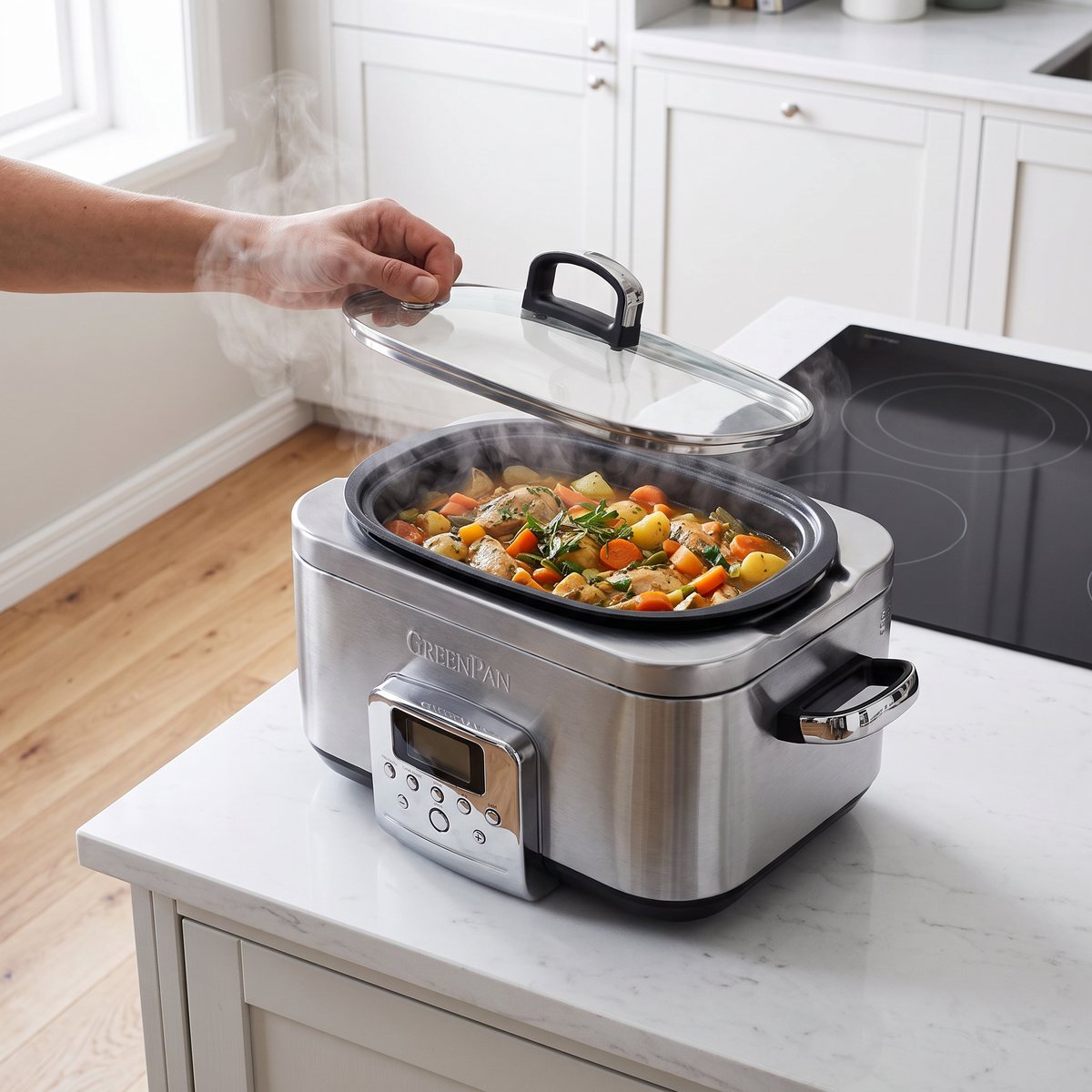 GreenPan Elite Slow Cooker med glaslock som lyfts av en hand i ett svenskt kök med induktionshäll
