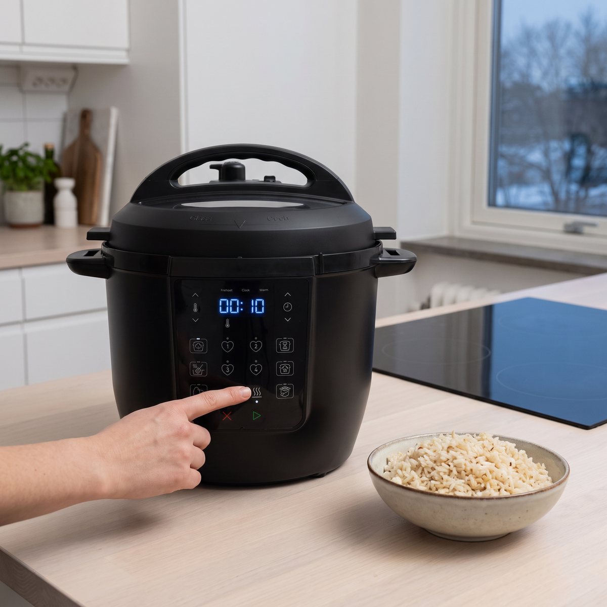 Instant Pot Multicooker 5,7 L i svart där en hand trycker på pekpanelen i ett svenskt kök