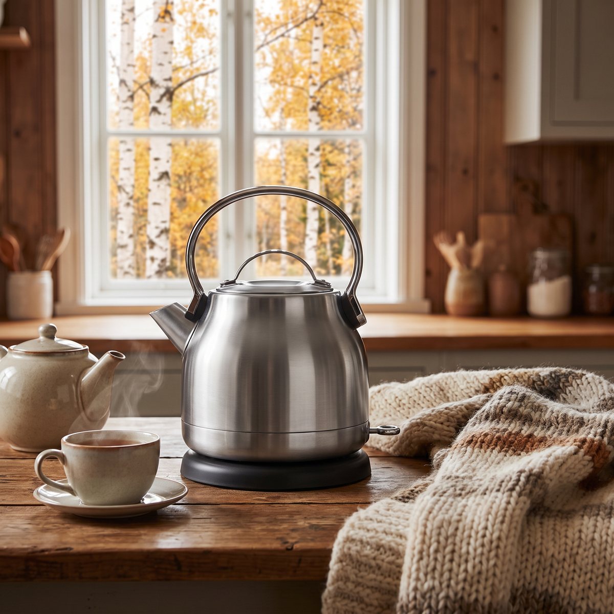 KitchenAid vattenkokare i metall på ett köksbord i ett svenskt hem