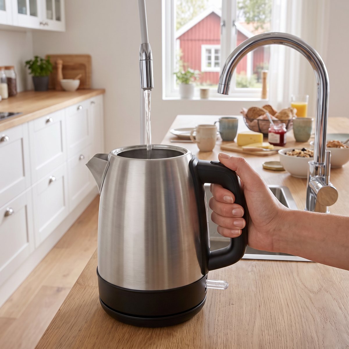 Philips HD9350 vattenkokare som fylls vid kranen i ett svenskt kök