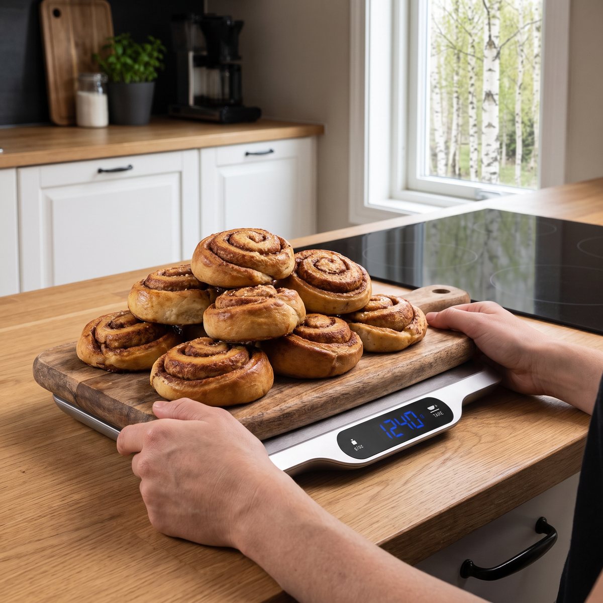 Stålvåg från Caso i ett svenskt kök med en skärbräda full av kanelbullar på vågplattan