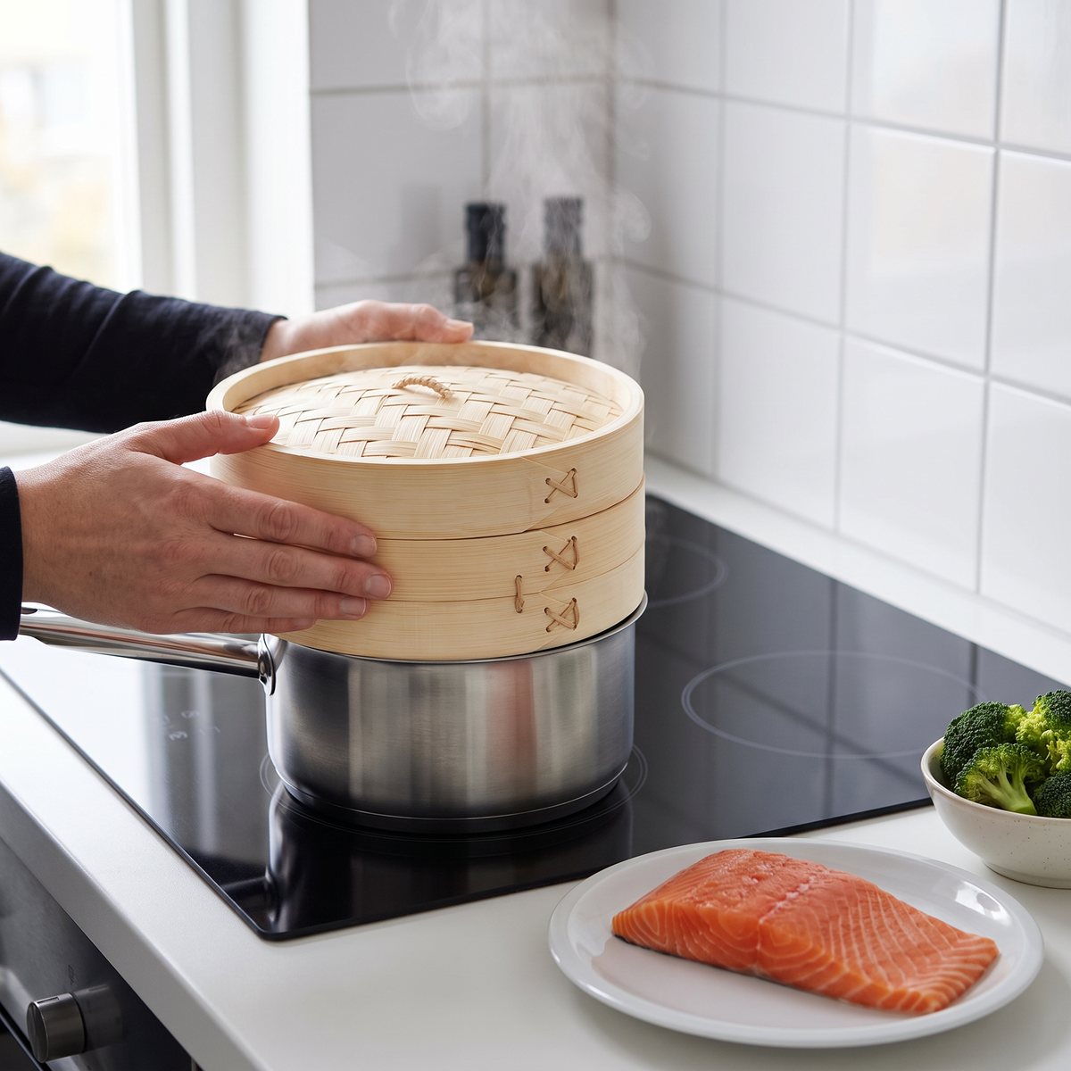 Åhléns Home ångkokare i bambu med två våningar och lock på en vanlig kastrull på glaskeramikhäll, lax och broccoli bredvid