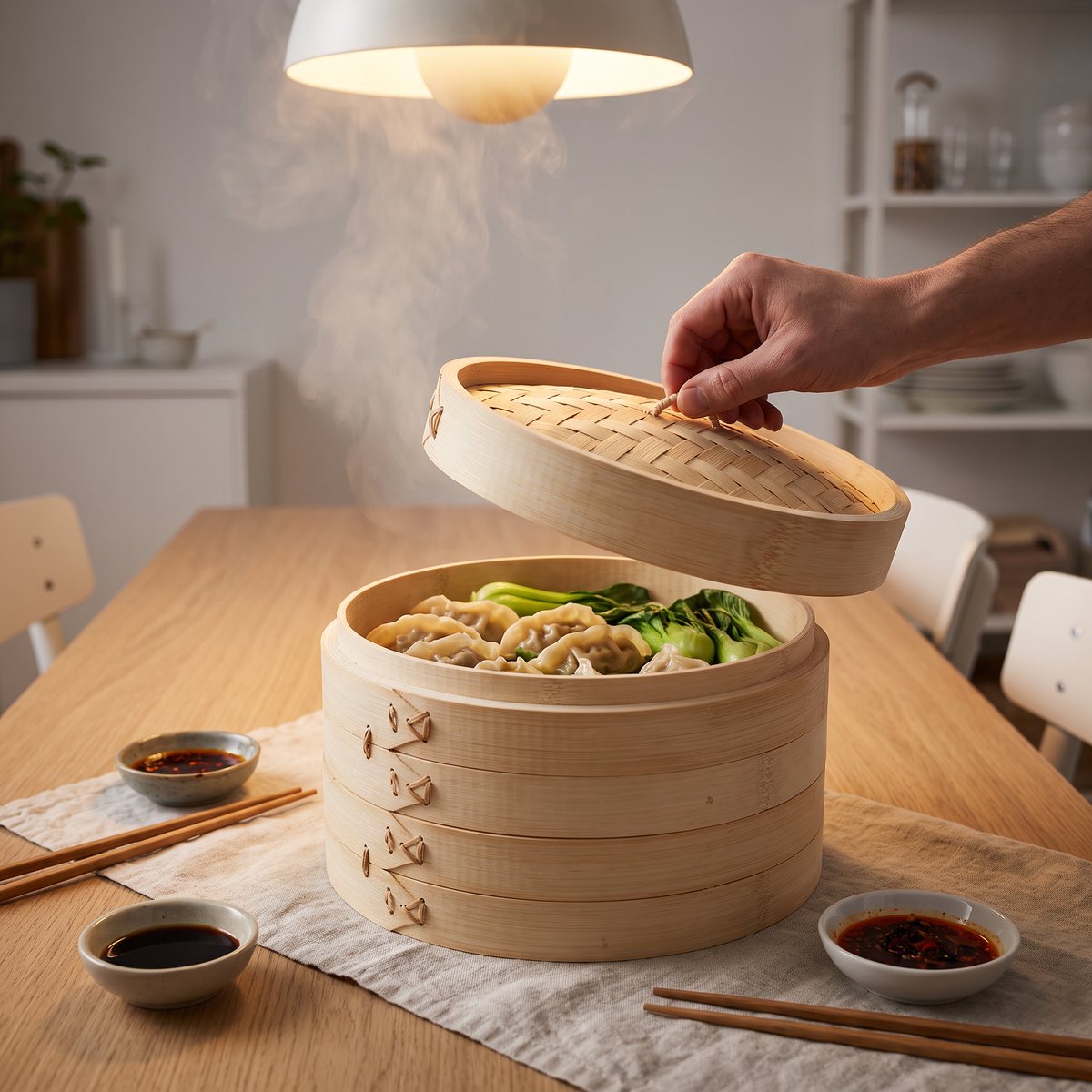 Anders Petter ångkokare i bambu på ett matbord i ett svenskt hem, locket lyfts av över dumplings och pak choi