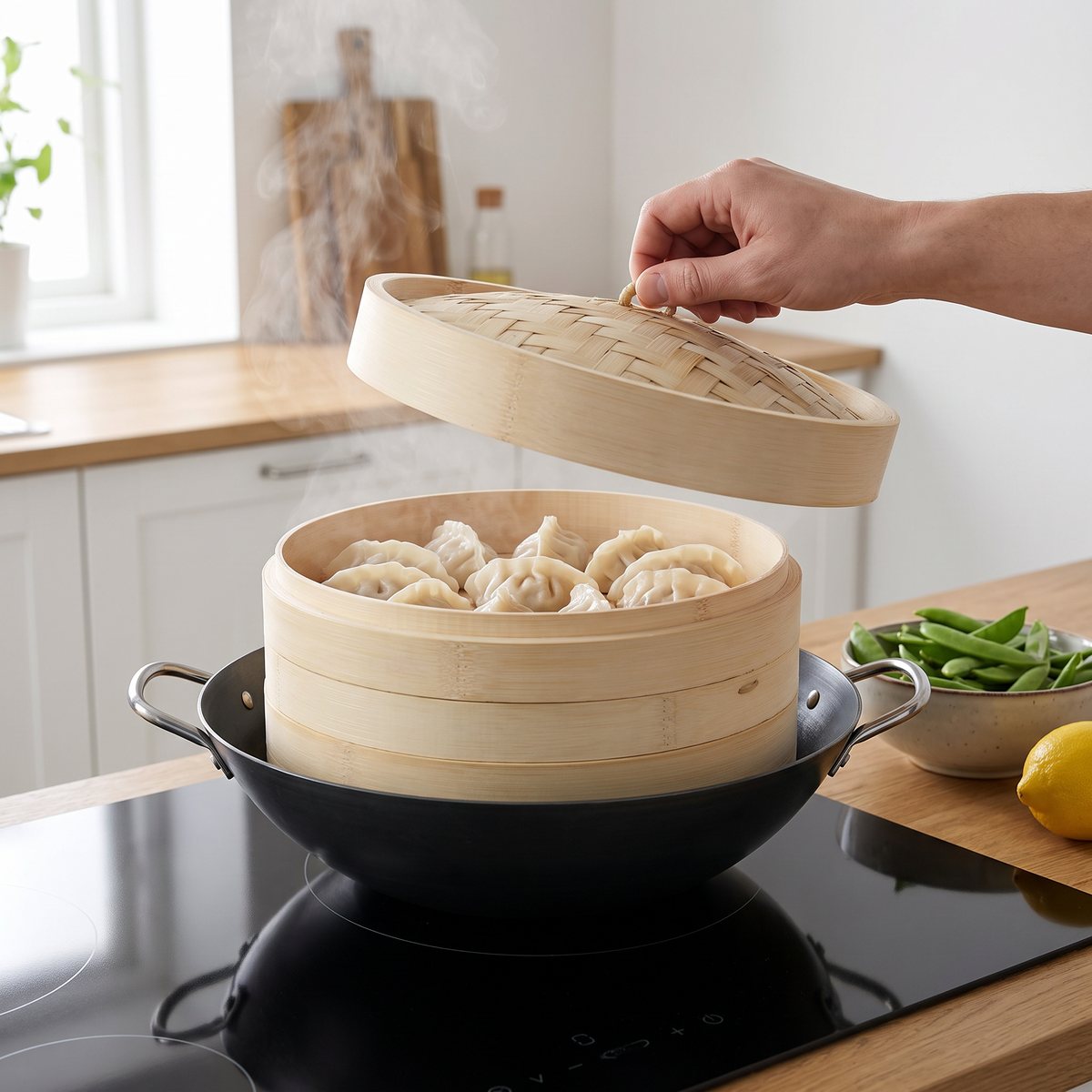 Essentials ångkokare i bambu med två våningar på en wok på induktionshäll i ett ljust svenskt kök, locket lyfts av över dumplings