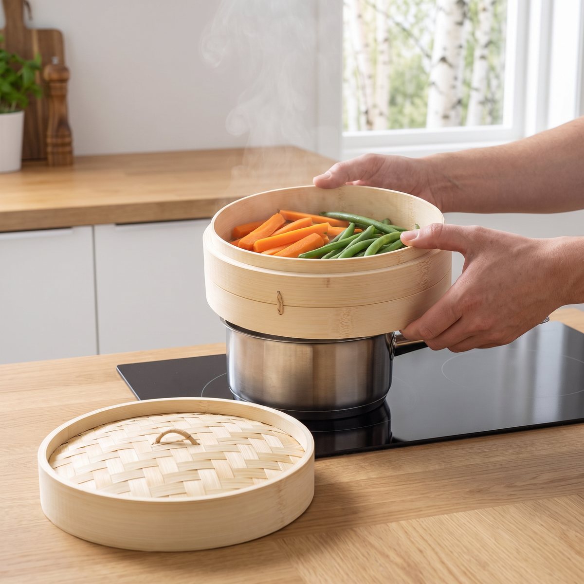 Kitchencraft ångkokare i bambu på en kastrull på induktionshäll med morötter och haricots verts, locket på bänken