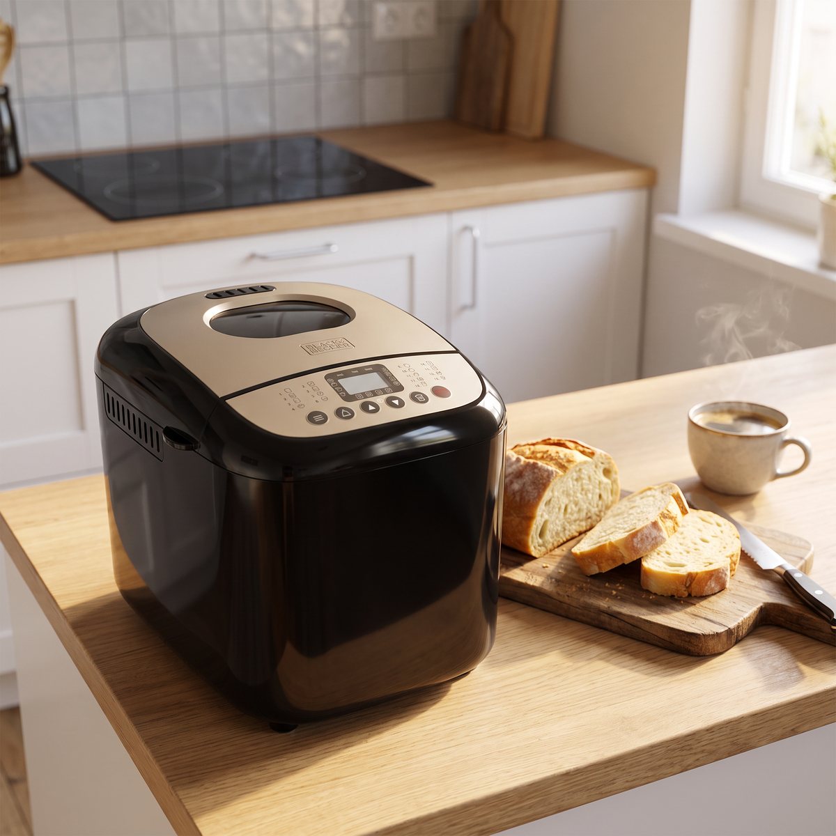 Svart brödbakmaskin med beige topp från Black & Decker på en köksbänk i ett svenskt kök med skivat nybakat bröd och en kopp kaffe