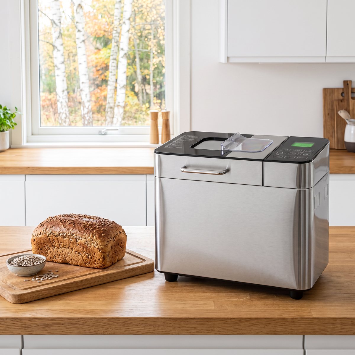 Gastroback Design 42823 bakmaskin i borstat rostfritt stål på en ekbänk i ett ljust svenskt kök, bredvid en nybakad frölimpa på skärbräda