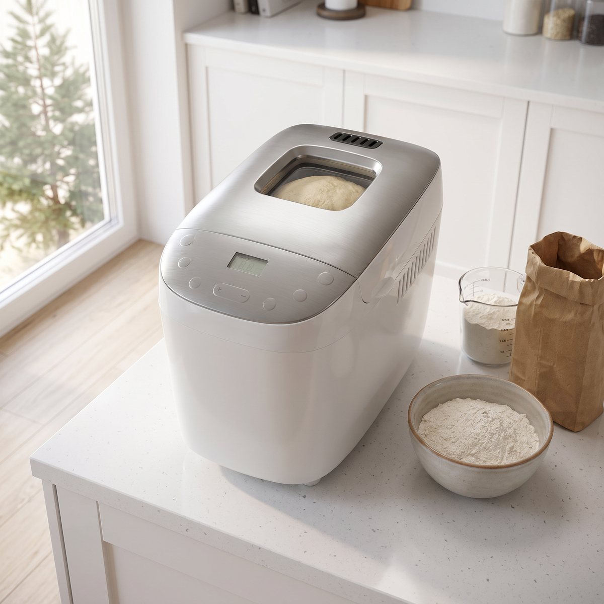 Vit och silverfärgad brödbakmaskin från Gorenje på en vit bänk i ett ljust svenskt kök med deg som jäser bakom fönstret i locket