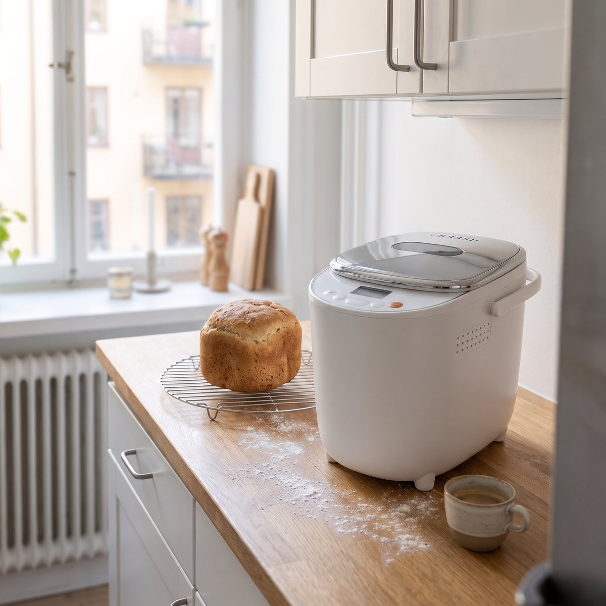 Vit Steba BM3 bakmaskin på en smal träbänk i ett litet svenskt lägenhetskök, bredvid ett litet nybakat bröd på galler