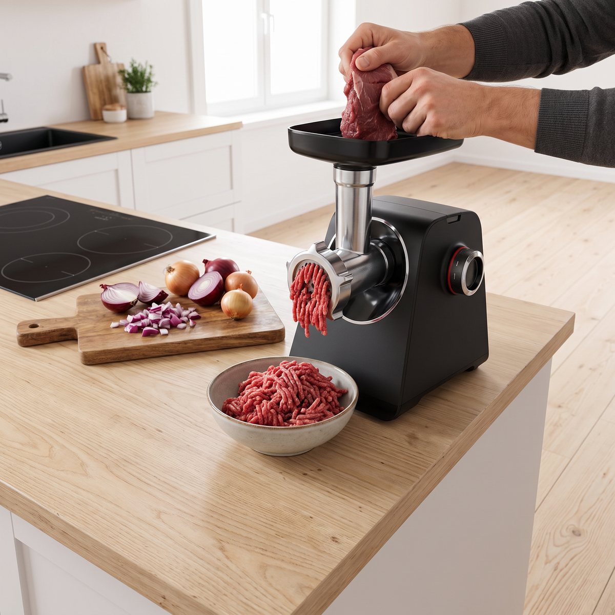 Bosch MultiPower Series 4 på en köksö i björk i ett svenskt hem, där nötkött mals till färs bredvid en skärbräda med lök.
