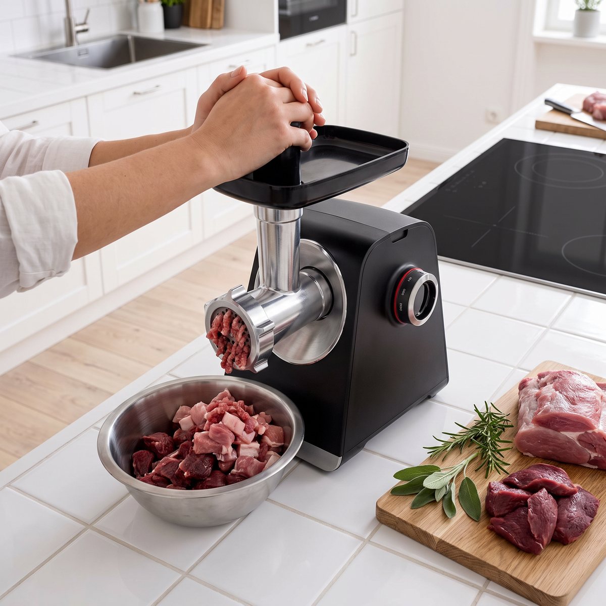 Bosch MultiPower Series 6 på en kakelklädd köksbänk i ett svenskt kök, där fläsk- och viltkött mals i en rostfri skål.