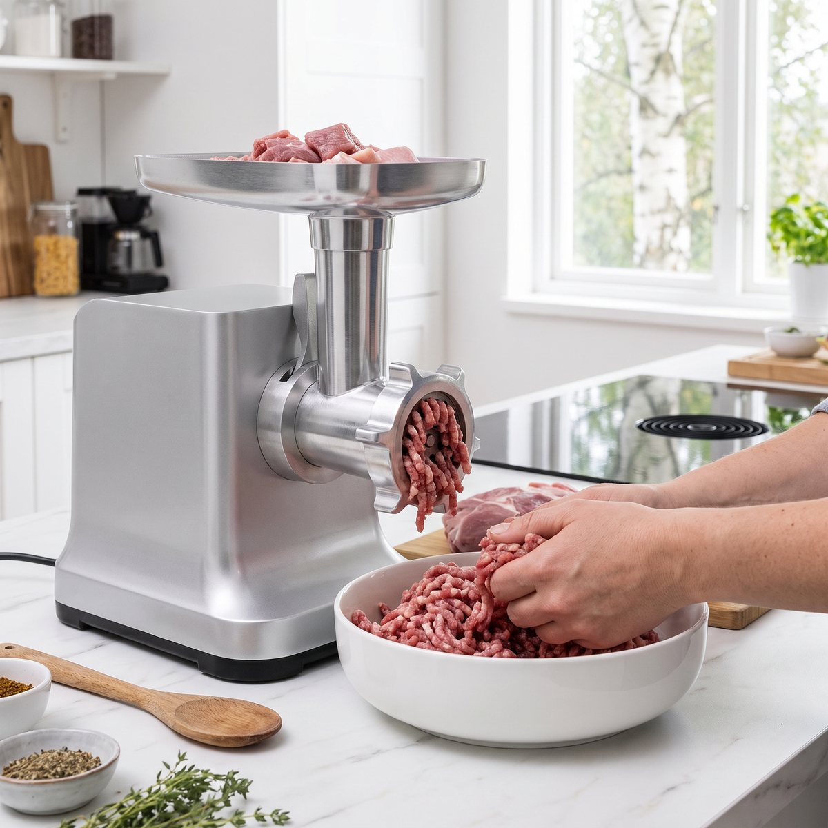 Caso FW2000 på en marmorbänk i ett ljust svenskt kök, där lamm- och fläskkött mals till färs i en stor skål.