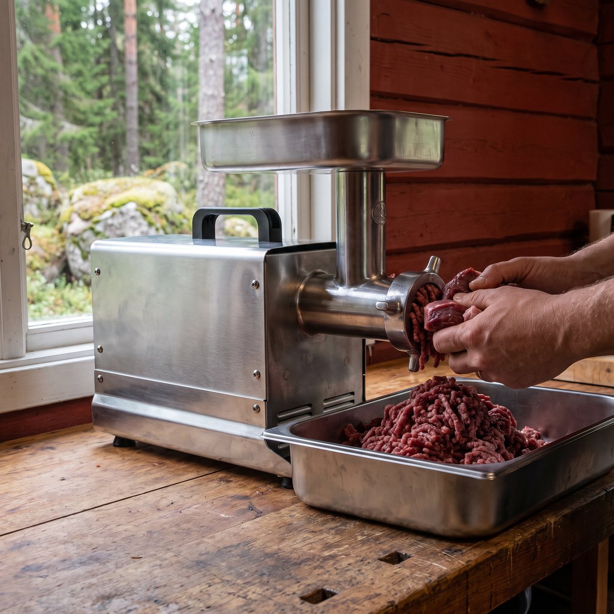 Rostfri Finnvacum Köttkvarn #8 på en arbetsbänk i en svensk stuga med rödmålad vägg och skog utanför fönstret.