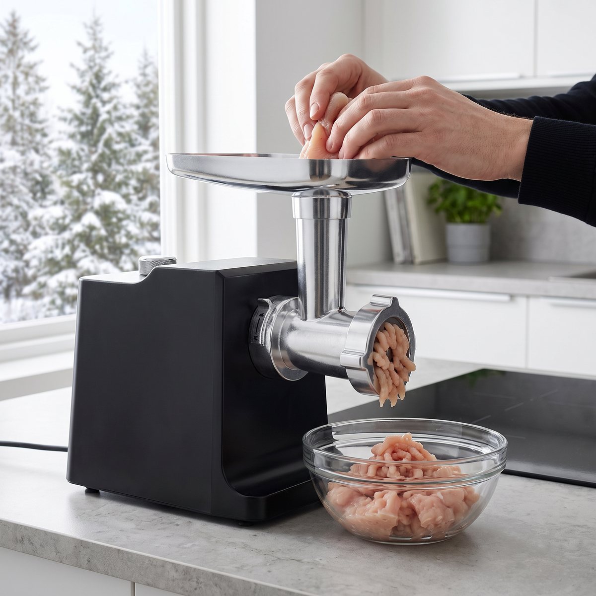 NOD Köttkvarn 2500W på en stenbänk i en modern svensk lägenhet med snötäckta tallar utanför fönstret, där kyckling mals i en glasskål.