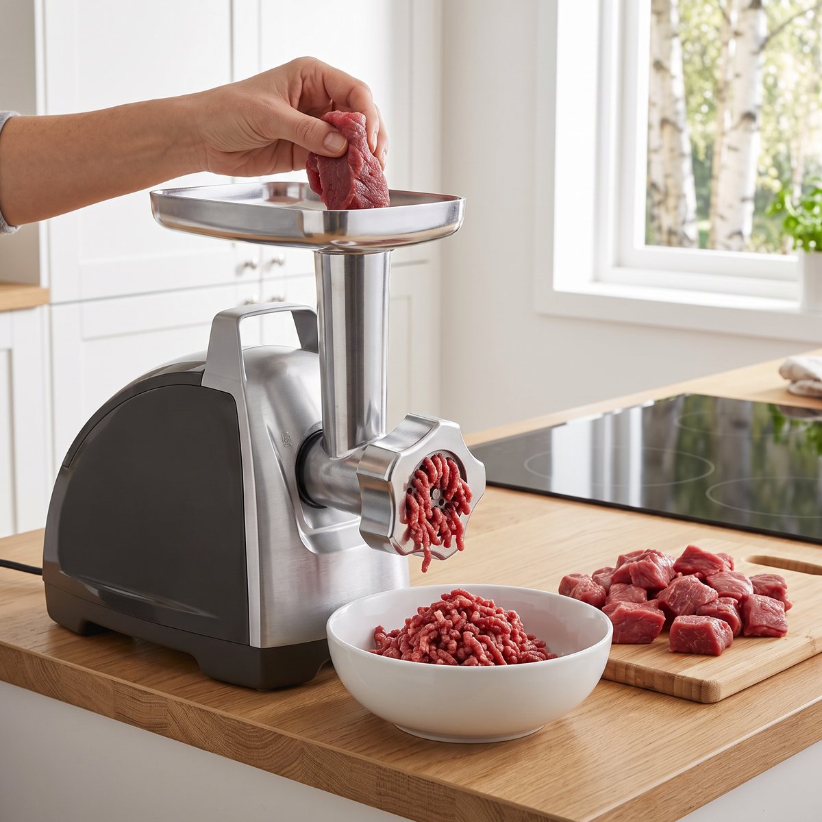 Tefal HV8 Pro i ett svenskt kök med björkar utanför fönstret, där nötkött mals till grov färs i en vit skål.