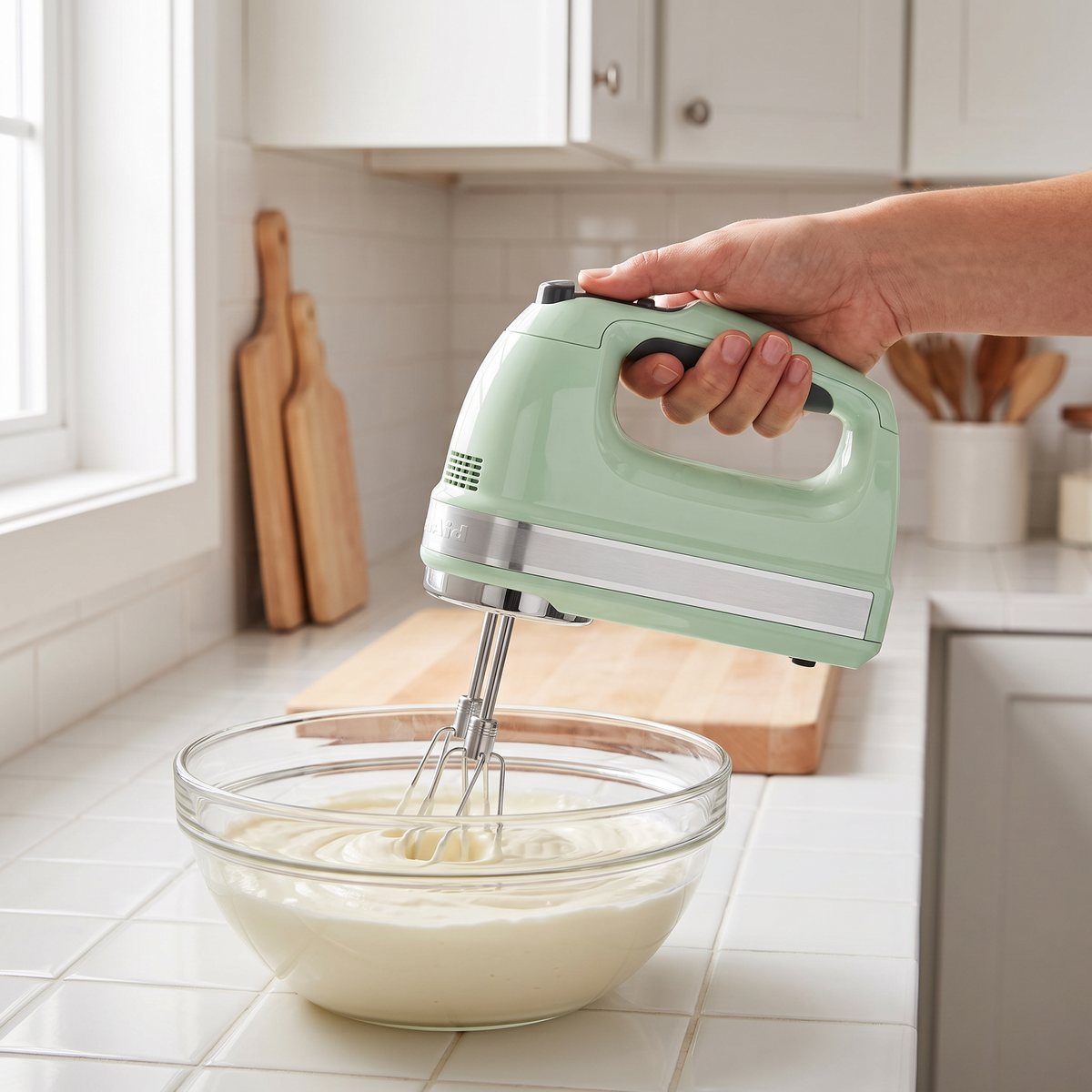 KitchenAid elvisp i pistagegrönt som vispar grädde i en glasskål i ett svenskt kök