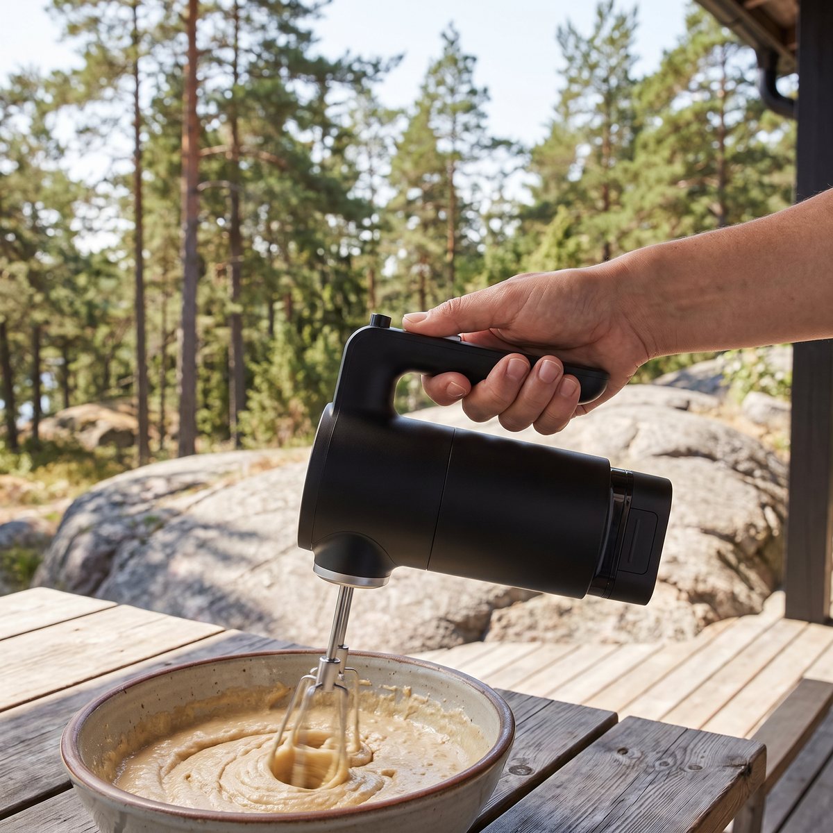 Svart sladdlös KitchenAid elvisp som blandar smet på en veranda vid en svensk stuga
