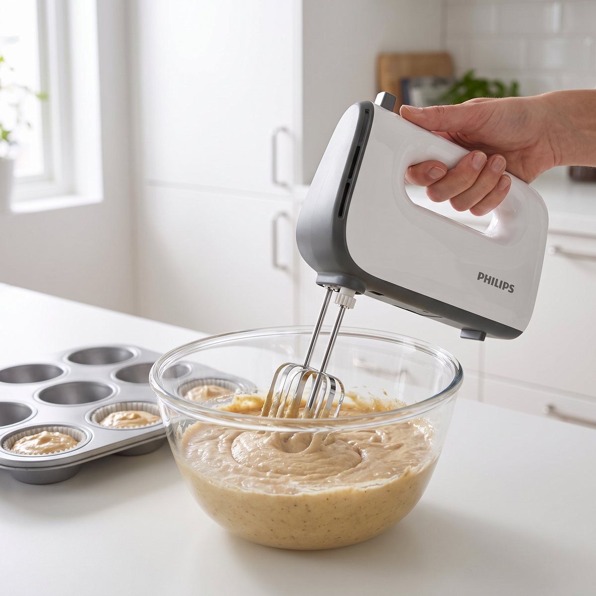 Vit och grå Philips elvisp som blandar muffinssmet i en glasskål i ett svenskt kök
