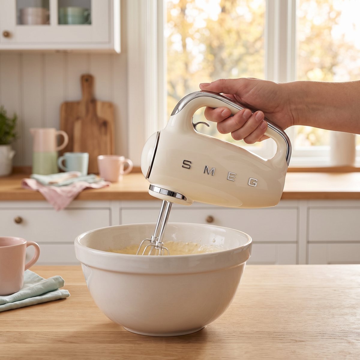 Gräddvit Smeg elvisp som vispar pannkaksmet i en keramikskål i ett svenskt kök