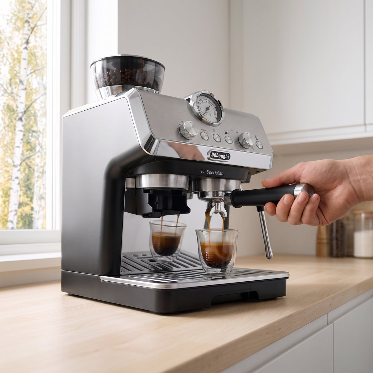 De’Longhi La Specialista Arte på en björkbänk i ett vitt svenskt kök, där en hand håller filterhållaren medan espresso rinner ner i två glas.