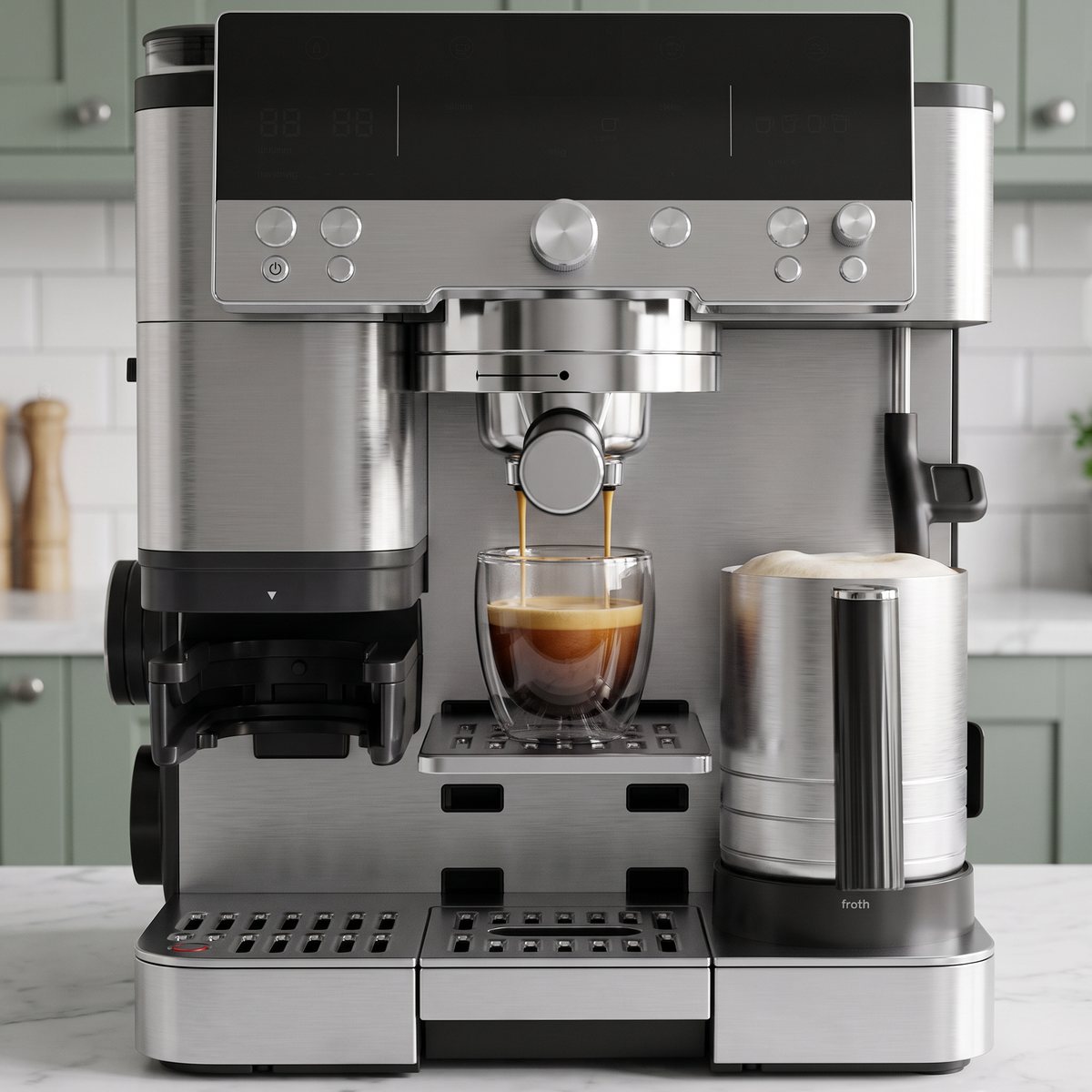Ninja Luxe Café Premier på en ljus bänkskiva i ett svenskt kök med gröna luckor, där espresso rinner ner i ett glas och skummad mjölk står i kannan bredvid.