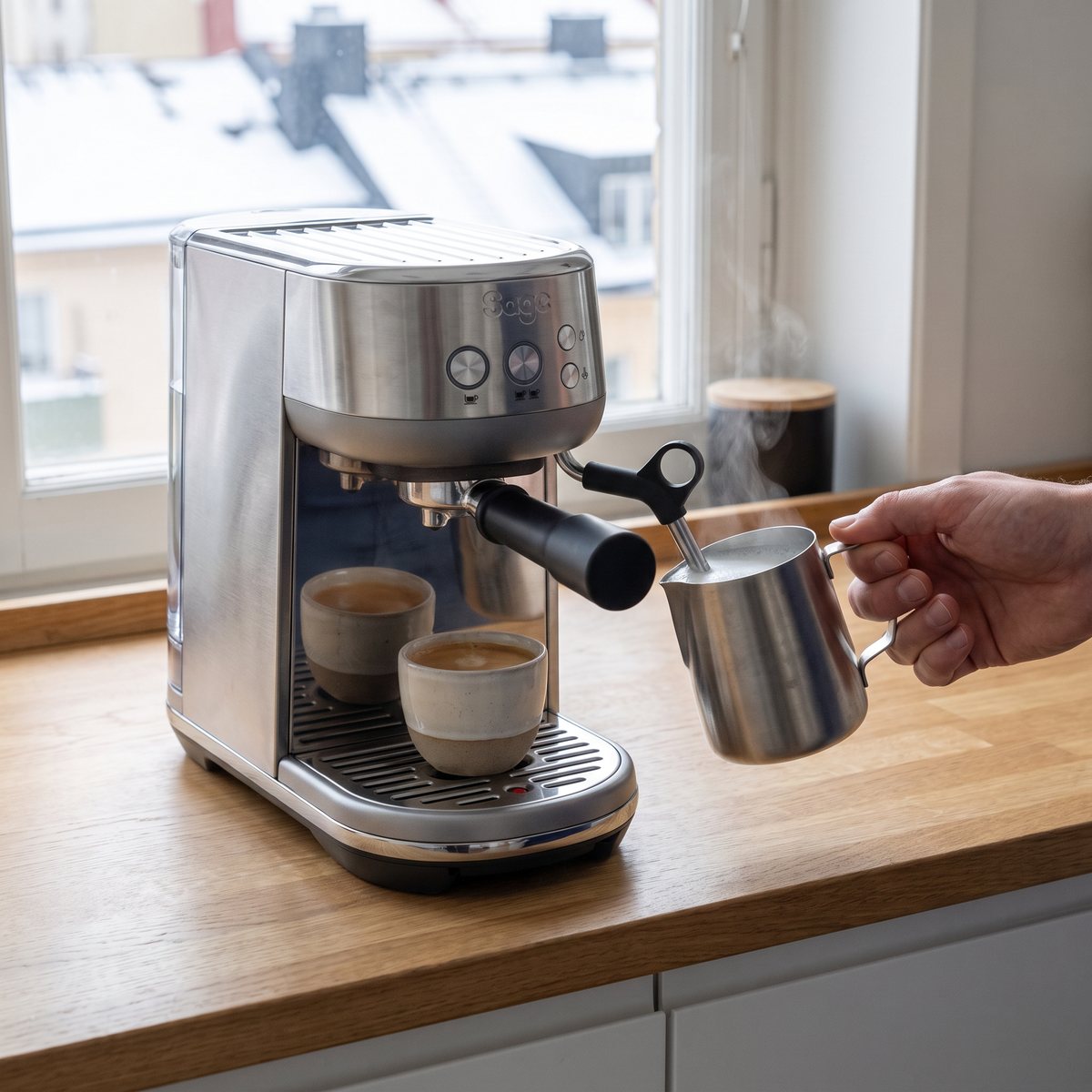 Sage The Bambino på en smal ekbänk i ett litet svenskt lägenhetskök en vintermorgon, där en hand skummar mjölk vid ångröret.