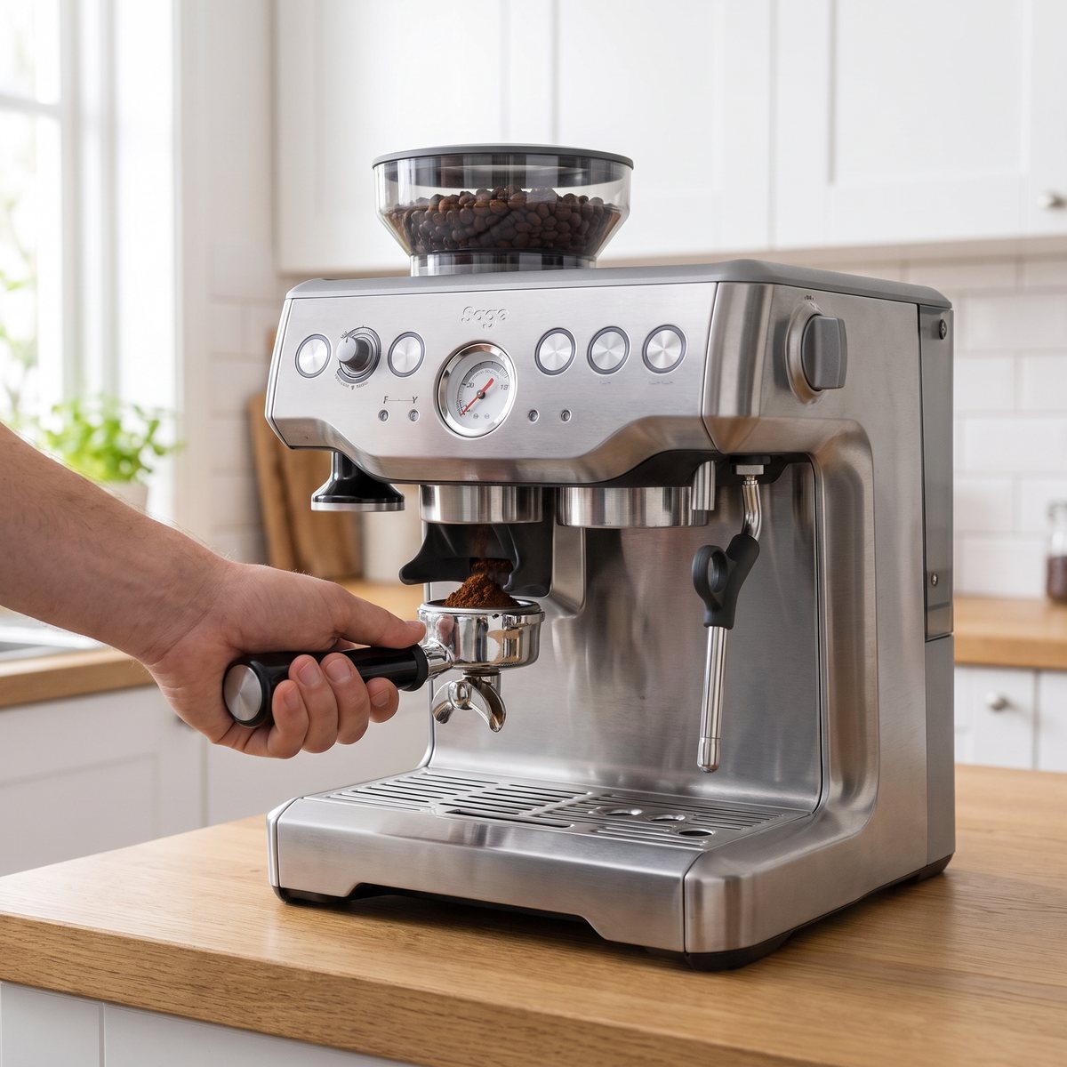 Sage The Barista Express i ett ljust svenskt kök, där en hand håller filterhållaren under den inbyggda kvarnen medan nymalet kaffe faller ner.