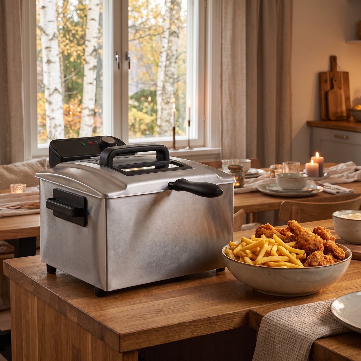 Stor Princess fritös på en köksbänk i ett svenskt hem med pommes frites och friterad kyckling