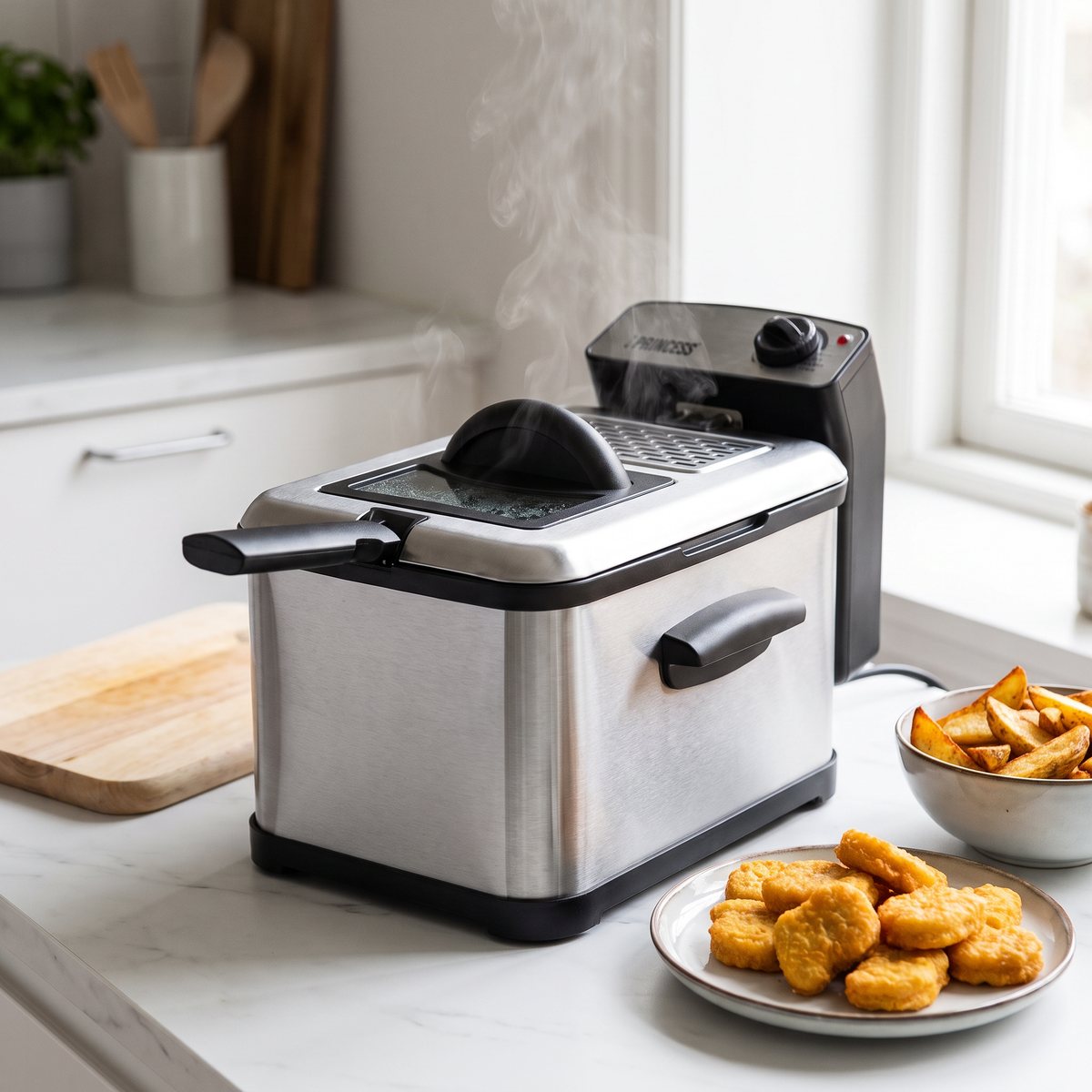 Fritös Princess Superior Fryer på en vit bänk i ett svenskt kök med nuggets och klyftpotatis