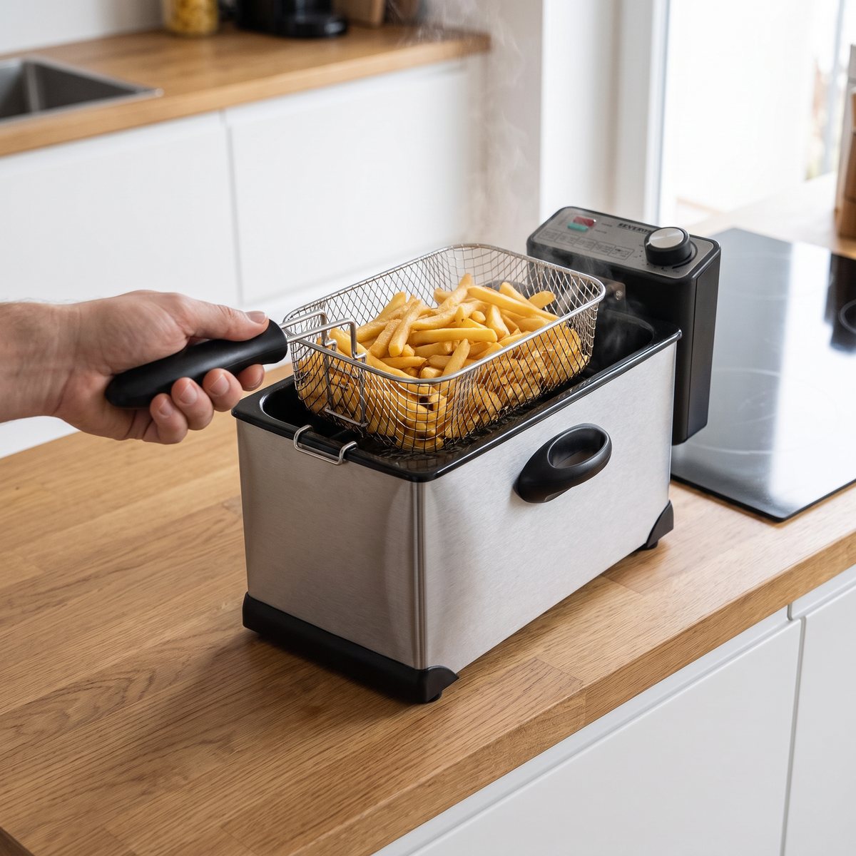 Fritös Severin FR 2431 med pommesfylld korg på en köksbänk i ett svenskt hem