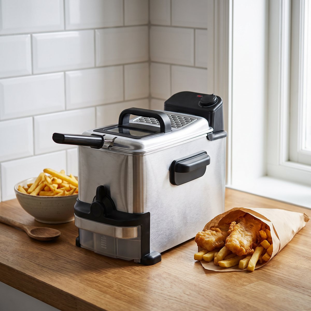 Kompakt fritös Tefal Oleoclean Compact på en köksbänk i en svensk lägenhet med pommes frites