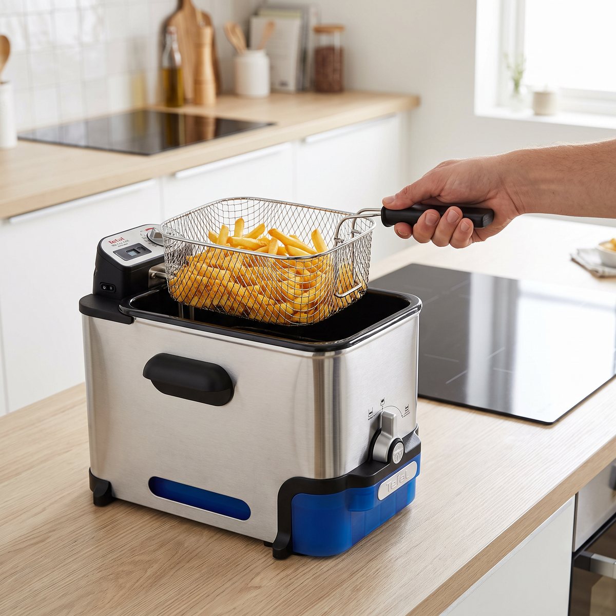 Fritös Tefal Oleoclean Pro med korg full av pommes frites på en köksbänk i ett svenskt kök