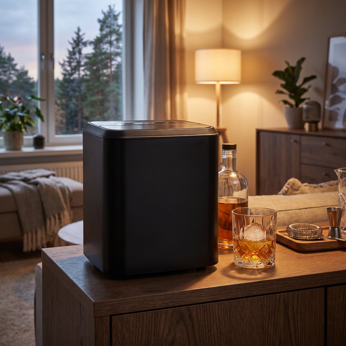 Svart ismaskin Caso Clear Ice Advanced på ett skåp i ett svenskt vardagsrum bredvid ett glas med en stor klar iskub