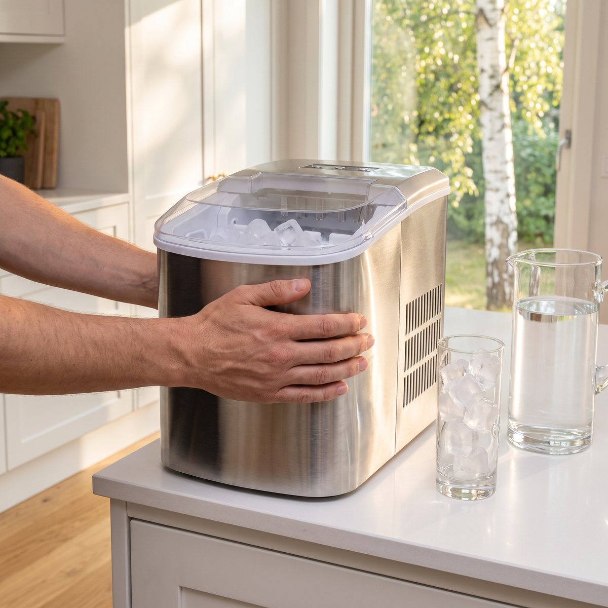 Ismaskin Caso IceChef Pro i rostfritt stål på en vit köksbänk i ett svenskt kök med glas med isbitar och vattenkaraff