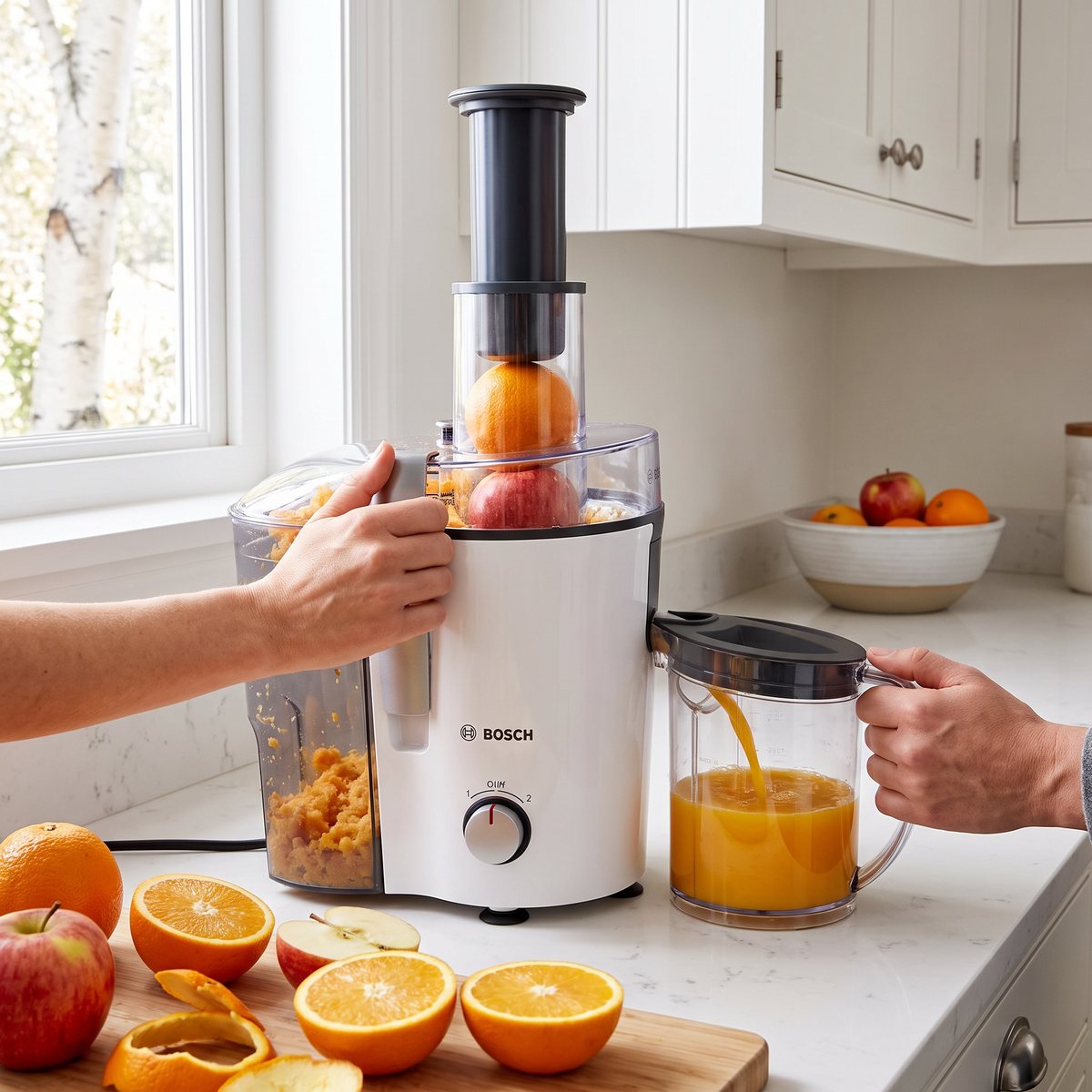 Bosch VitaJuice 2 råsaftcentrifug som pressar apelsiner och äpplen i ett vitt svenskt kök