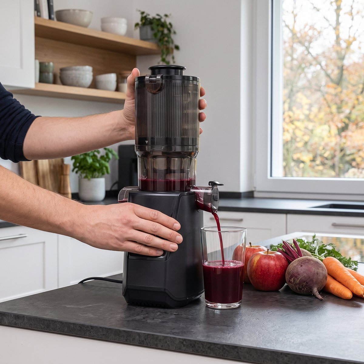 Caso Slow Juicer som pressar rödbeta och äpple på en stenbänk i ett svenskt kök