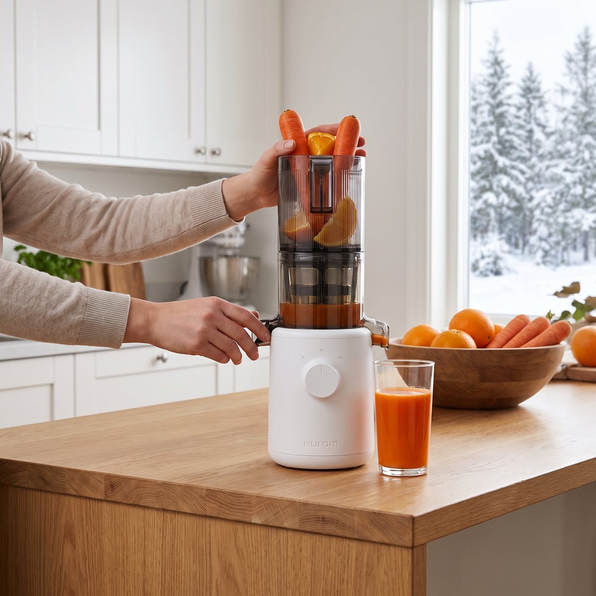 Hurom H310A slowjuicer som pressar morot och apelsin på en köksö i ett svenskt hem med snöiga granar utanför
