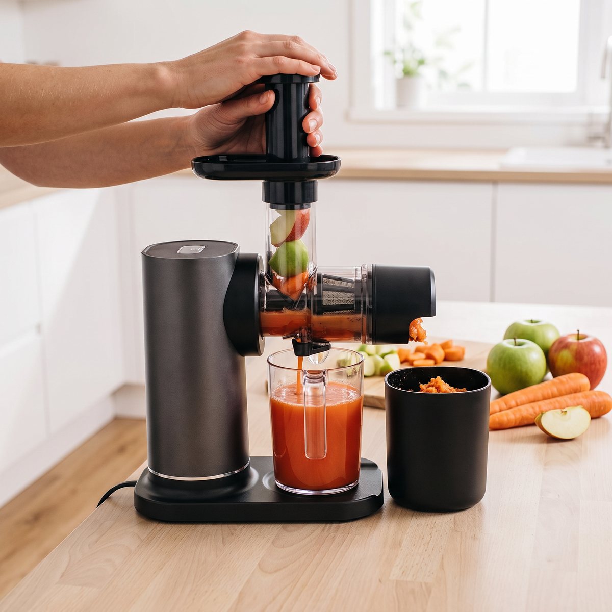 Ninja Cold Press slowjuicer som pressar äpple och morot i ett svenskt kök med ljust trägolv