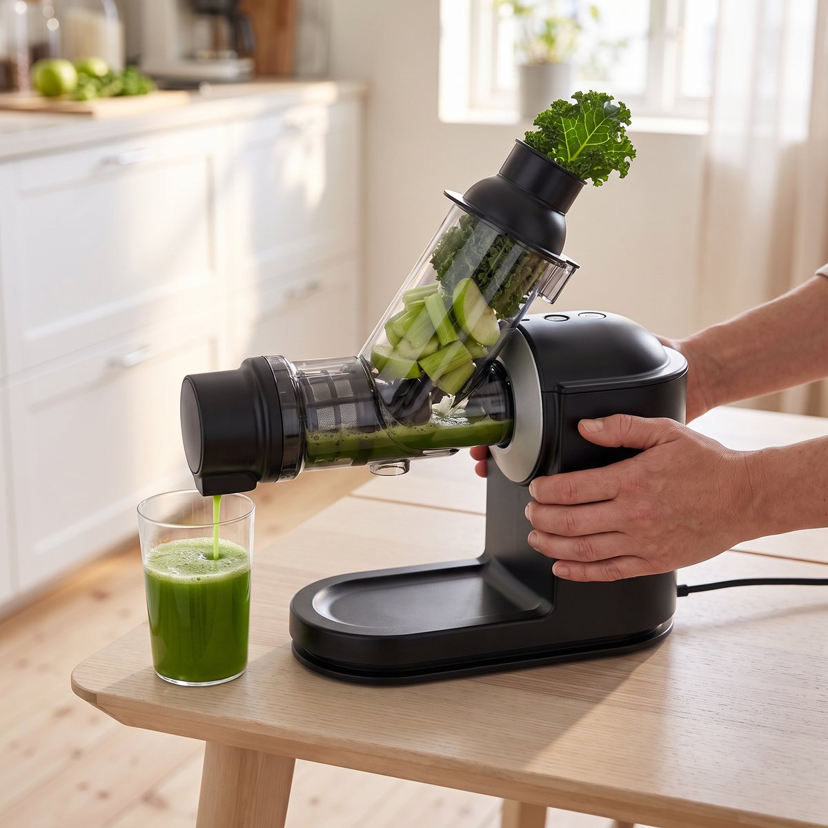 Philips Viva Collection slowjuicer som pressar grönkål och äpple till grön juice i ett svenskt kök