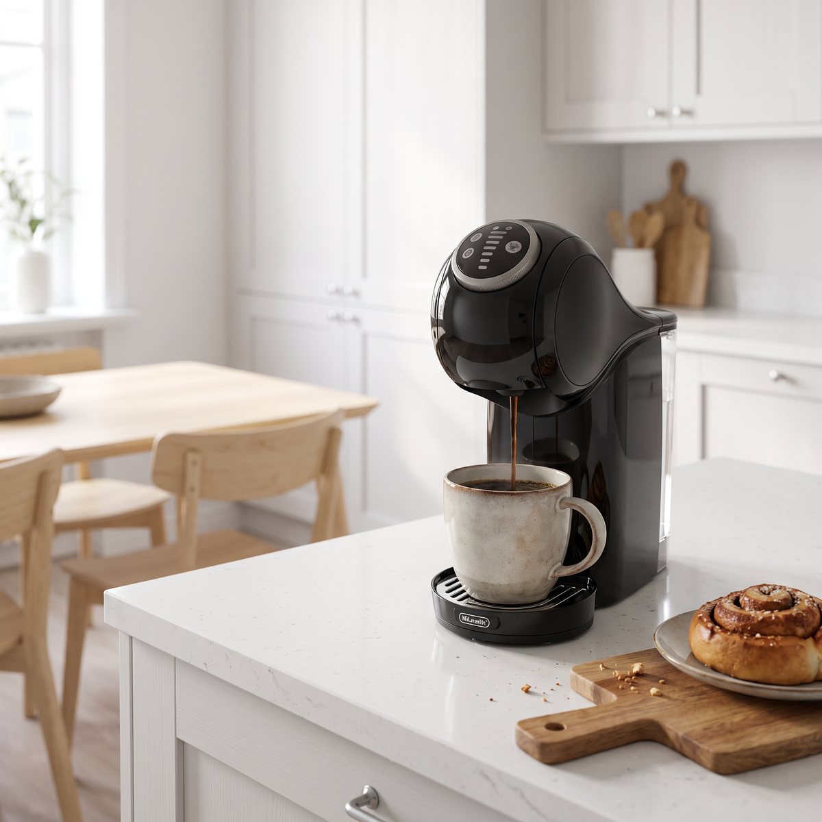Svart Nescafé Dolce Gusto Genio S Plus som fyller en mugg på en vit köksbänk i ett svenskt familjekök